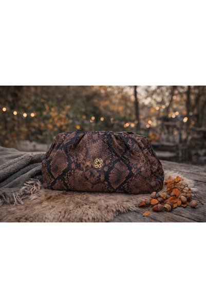dukidasoturkiye Brown Snake Leather Si Patterned Ruched Women's Portfolio Bag |   Brown T8302