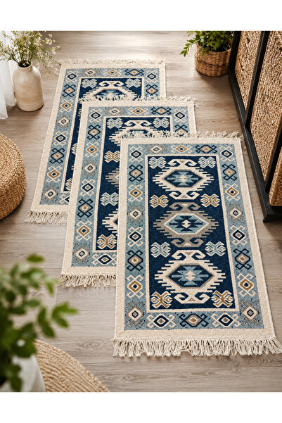 Horecahome Set de 3 covoare tradiționale țesute, față-verso, 60x90 cm, albastru