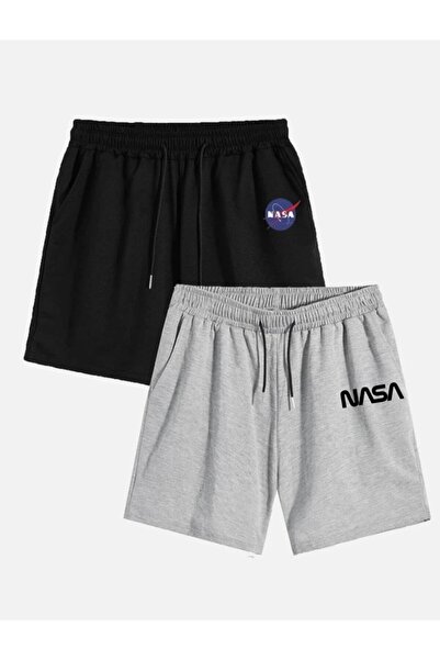 BYMEER Unisex Siyah Ve Gri Ikili Nasa Baskılı Beli Lastikli Şort
