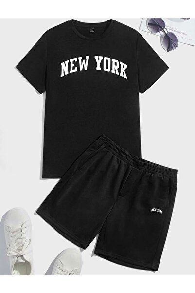 BYMEER Unisex Black New York Printed Bottom Top Shorts T-shirt Suit Combination