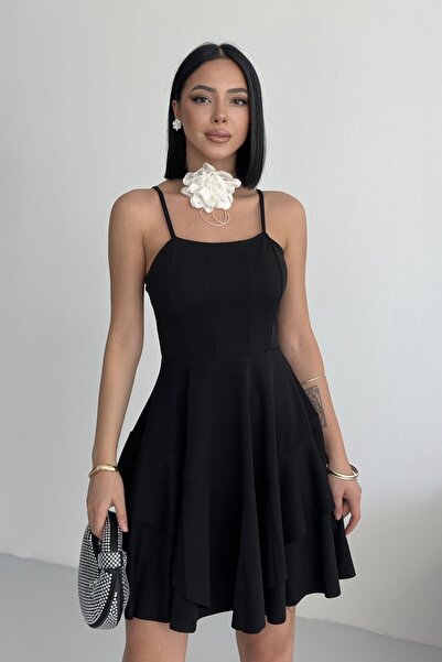 ALFUDO Moda Collection İnce Askılı Eteği Kat Detay Abiye Elbise Siyah Mezuniy...