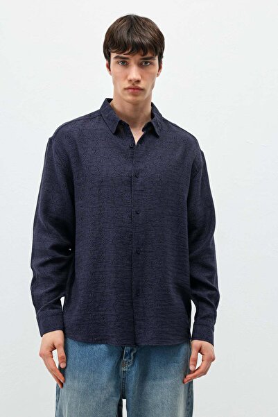 VAMOSCLO Oversize Patterned Linen Shirt Navy Blue