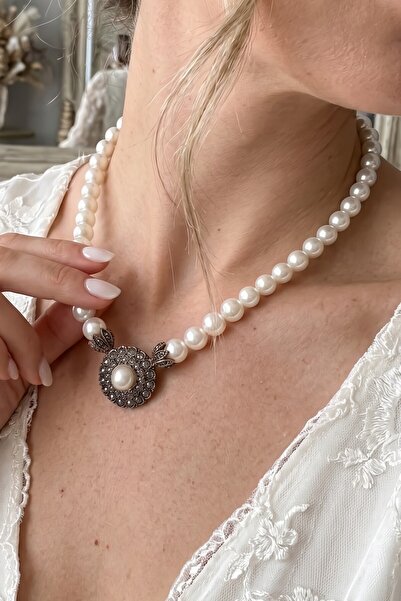 FAYRA ACCESSORIES Kristal Taşlı Yuvarlak Inci Kolye