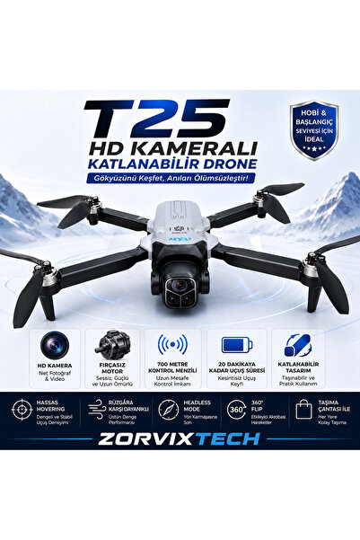 ZorvixTech T25 HD Kameralı Katlanabilir Drone Profesyonel Hava Çekim