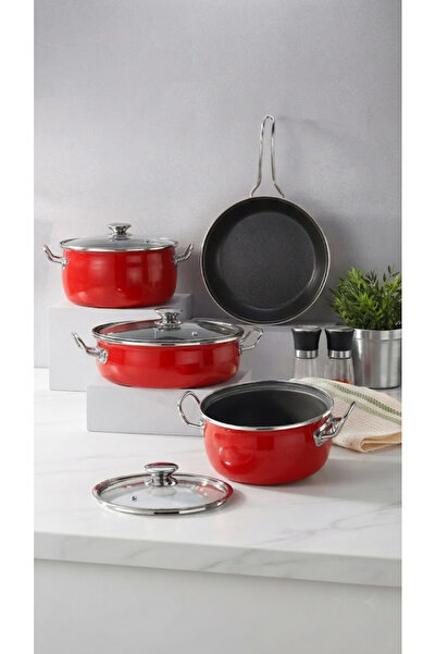 Bonera LİLİUM EMAYE 7 PCS GÜVEÇ SET DIŞI KIRMIZI / İÇİ TİTANYUM 18-24-26-26)