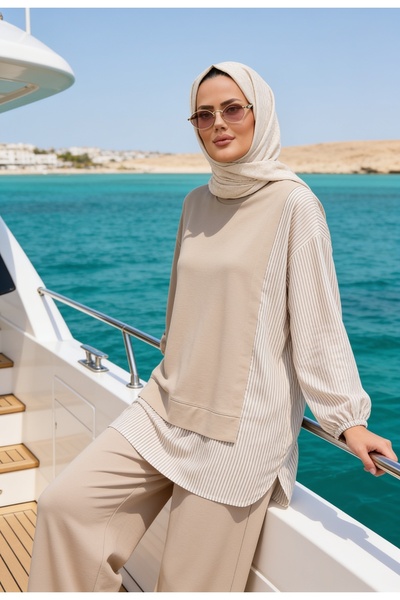 ASEL FASHİON طقم ملابس نسائية محتشمة، طقم مكون من قطعتين، قميص بيج