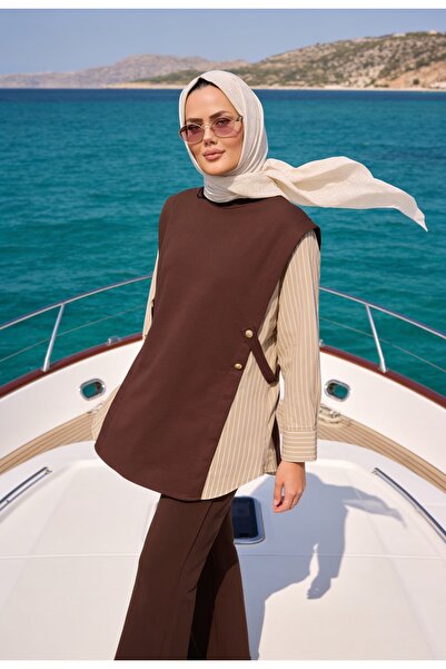 Aselim Hijap Moda Liora Kadın Tesettür İkili Takım – Pamuklu İki İplik Gömlek Detaylı- AcıKahve