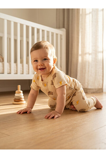 Noone Teddy Bear and Honey Patterned Snap Fastener Baby Top and Bottom Set 10...