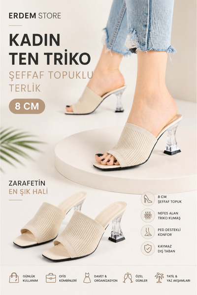 Erdem Store Women's Leather Knitwear Transparent Heeled Slippers 8 cm Crystal...