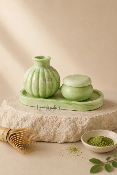 Luminolier Mermer Desenli Matcha Dekoratif Set – Tepsi, Mumluk ve Vazolu 3’lü...