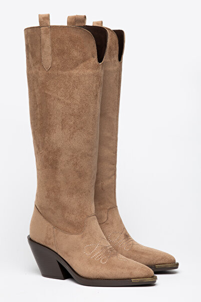 DENORA Mink Camel Matte Suede Metal Toe Flat Below-Knee Western Cowboy Boots