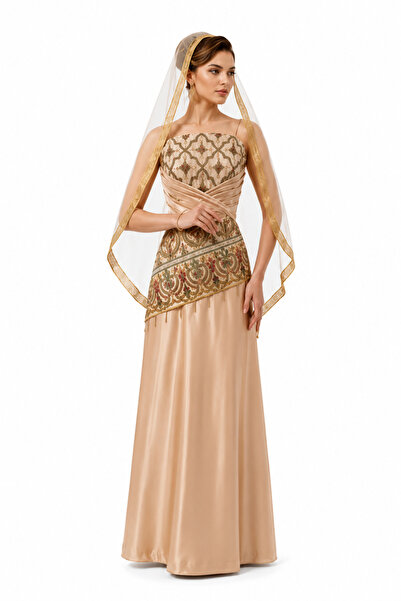 unbranded Women's Champagne Embroidered Strapless Maxi Evening Dress with She...