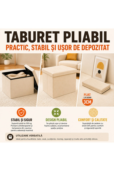 Ruhhy Taburet pliabil de depozitare RUHHY, capacitate 54 L, capacitate de înc...