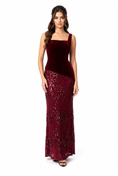 unbranded Women's Burgundy Velvet Evening Gown with Sequin Maxi Skirt