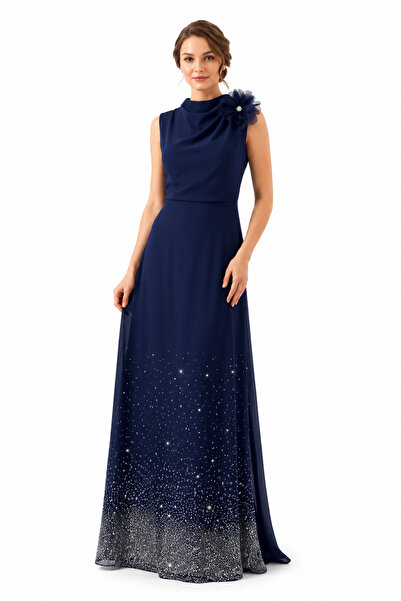unbranded Women's Navy Blue Floral Appliqué Sleeveless Maxi Evening Dress wit...