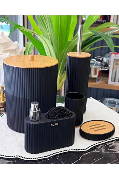 Onedekor Set de baie Lucas din acrilic și bambus, 5 piese, negru