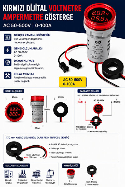 TIANYI 22 Mm Dijital Voltmetre Uyumlu- Ampermetre Ac 50-500v 0-100a (kırmızı)