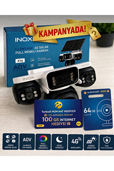 Genel Markalar İnox x16 Üst Sınıf 4 Lens 4G Solar Güvenlik Kamerası – Full Re...