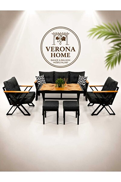 verona mobilya X Line Bahçe Mobilyası Takımı - 3+1+1+2 Puf - Siyah Metal / Ko...
