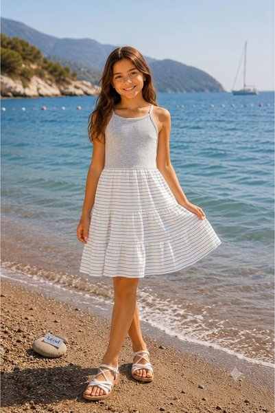 La ciel Paris İNCE ÇİZGİLİ SUMMER FIRFIRLI FİTİLLİ ELBİSE