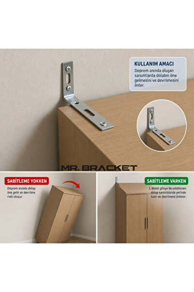 MR.BRACKET Deprem Dolap Sabitleme Aparatı Seti 5x11cm - Mobilya Gardırop Eşya Duvara Sabitleyici L Gönye Demiri
