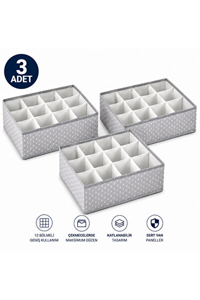 BEST CONCEPT 3 Adet-12 Bölmeli Gri Puantiyeli Organizer (Çorap-İç Çamaşırı-Ta...
