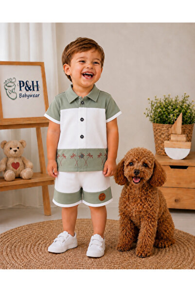 P&H BABYWEAR طقم صيفي للأطفال الأولاد/الصغار بياقة بولو بأزرار أمامية هاواي م...
