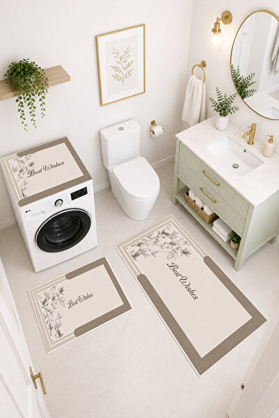 Modern 3 Parça Banyo Paspas Seti Kaymaz Tabanlı Makinede Yıkanabilir Banyo Halısı Takımı ve Çamaşır Makinesi Matı
