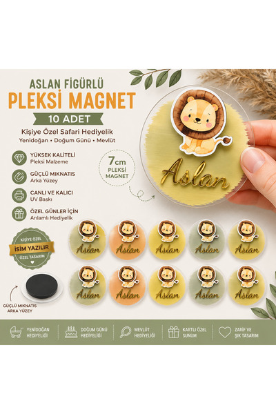 Pass Pano Aslan Figürlü Pleksi Bebek Magneti 10 Adet | Kişiye Özel Safari Hed...