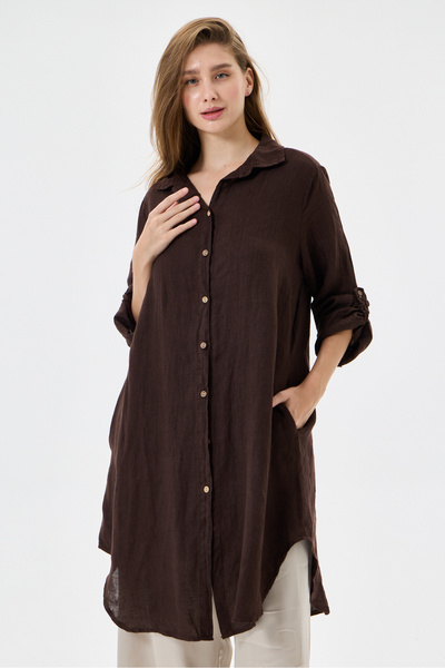 della moor Brown Italian Folded Long Sleeve Linen Tunic Shirt Dress 38 - 42 S...