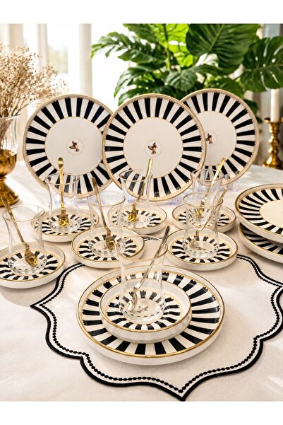 Onedekor 18 Parça Modern Piano Black Bird Pasta Çay Saati Seti