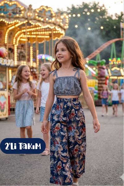 Hilal Akıncı Kids Girl's Leaf Patterned Loose Trousers Denim Bustier Double Set