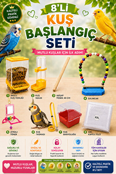 Petshop Akıllı Kuş Yemliği, Kuş Suluk, Ahşap Tünek 40 Cm, Kuş Salıncağı, Ayna...