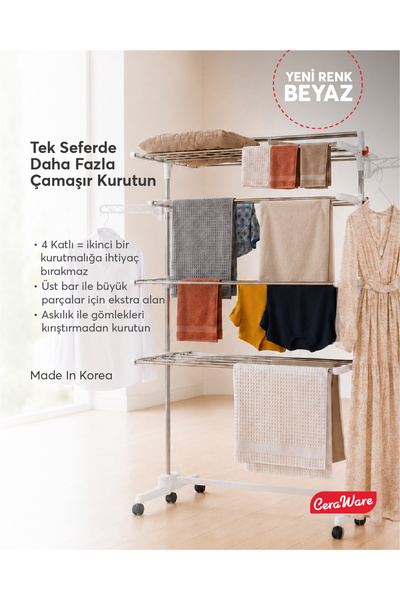 Ceraware Home S4 Premium 4 Katlı BEYAZ Çamaşırlık Made in Korea Tam Katlanır Tekerlekli Çamaşır Kurutmalık