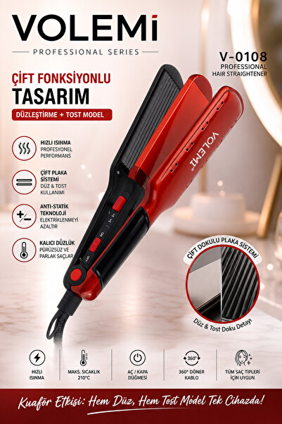 VOLEMİ V-0108 Saç Düzleştirici + Tost Model Yapıcı – Çift Fonksiyonlu Profesy...