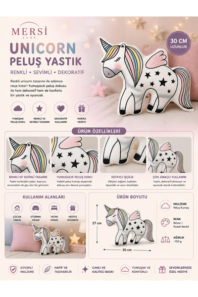 Mersi SHOP Pernă de pluș Unicorn – Pernă decorativă colorată și moale, 30 cm