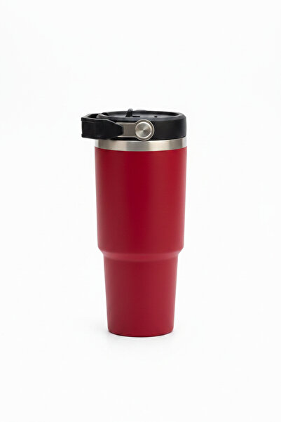 900 ml 304 Paslanmaz Çelik Termos - Siyah Pipetli ve Kapaklı Mug
