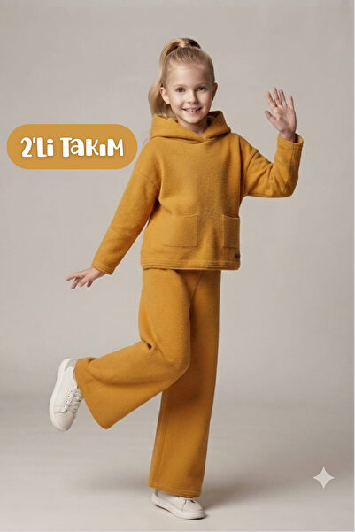Hilal Akıncı Kids Girl's Hooded Pocket Sweatshirt Knitwear Pants Set of 2