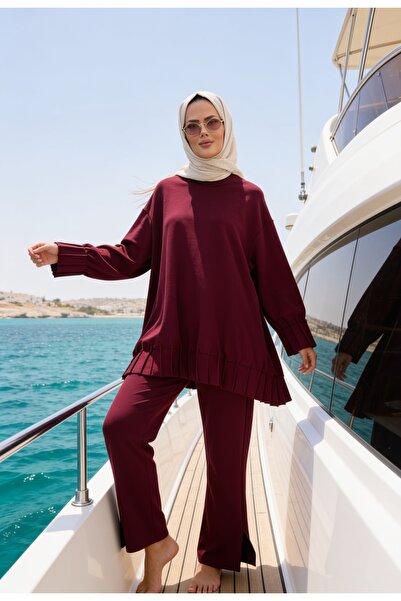 Aselim Hijap Moda Alisa Pileli Premium Modal Kumaş Tesettür İkili Takım – Bordo