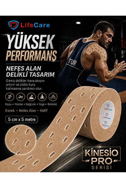 LİFE Care Kinesio Tape Delikli Kinesio Pro Serisi 5x5 m Ağrı Bandı Bej Renk