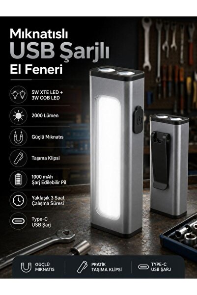 FLYONLOOK Mini Mıknatıslı USB Şarjlı Çok Fonksiyonlu El Feneri 2000 Lümen 5W ...