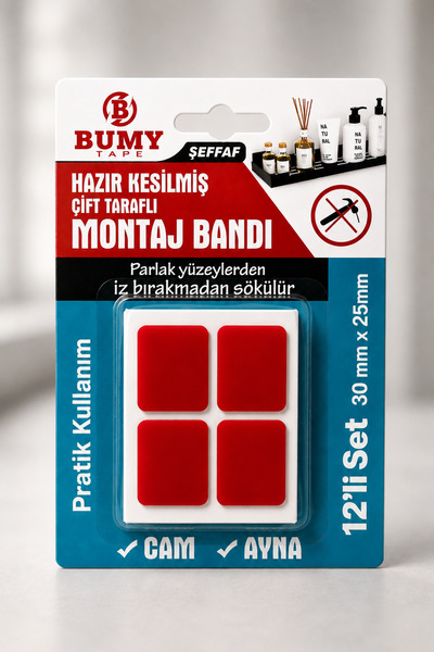 BUMY 12'li ŞEFFAF Hazır Kesilmiş Çift Taraflı Montaj Bandı 30mm x 25mm Güçlü ...