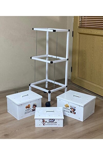 ÖZHEMMEKLER 3 Katlı Tekerlekli Metal Patates Soğan Sarımsak Kovası Beyaz (Demonte)