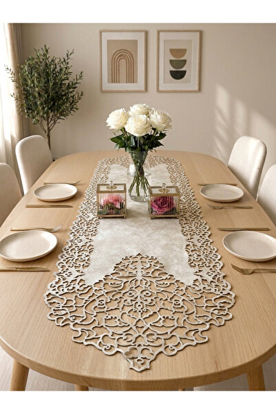 Ergüven Home Beige (DARK CREAM) Suede Fabric Thin Cut Runner Table Size 40x140cm