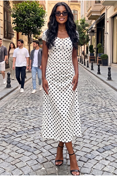 WeShaya Women's Ecru Polka Dot Mini Balloon Sleeve Tie-Breasted Side Gathered...