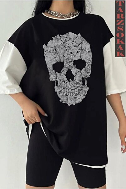 Tarzsokak Crna Oversize kroj Dvostruka boja SKULL Štampano Unisex majica