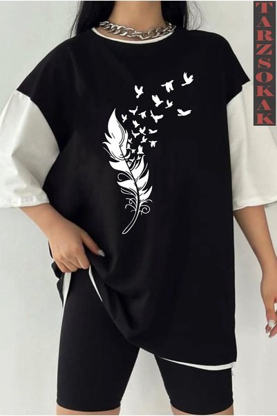 Tarzsokak Crna Oversize kroj Dvostruka boja PERJE Štampano Unisex majica