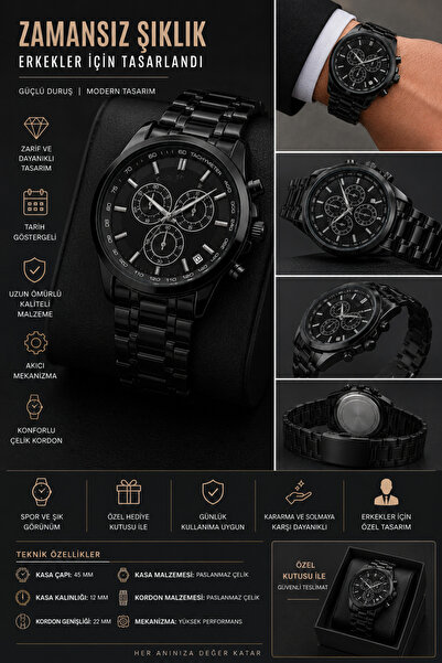 Erkek Kol Saati Full Siyah Metal Kordon Quartz Analog Premium Tasarım-ST-3030