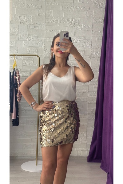 Derya Akyol Gold İri Pul Payetli Beli Lastikli - İçi Astarlı Mini Etek