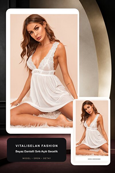 Vitaliselanfashion Kadın Beyaz Dantelli Sırtı Açık Gecelik